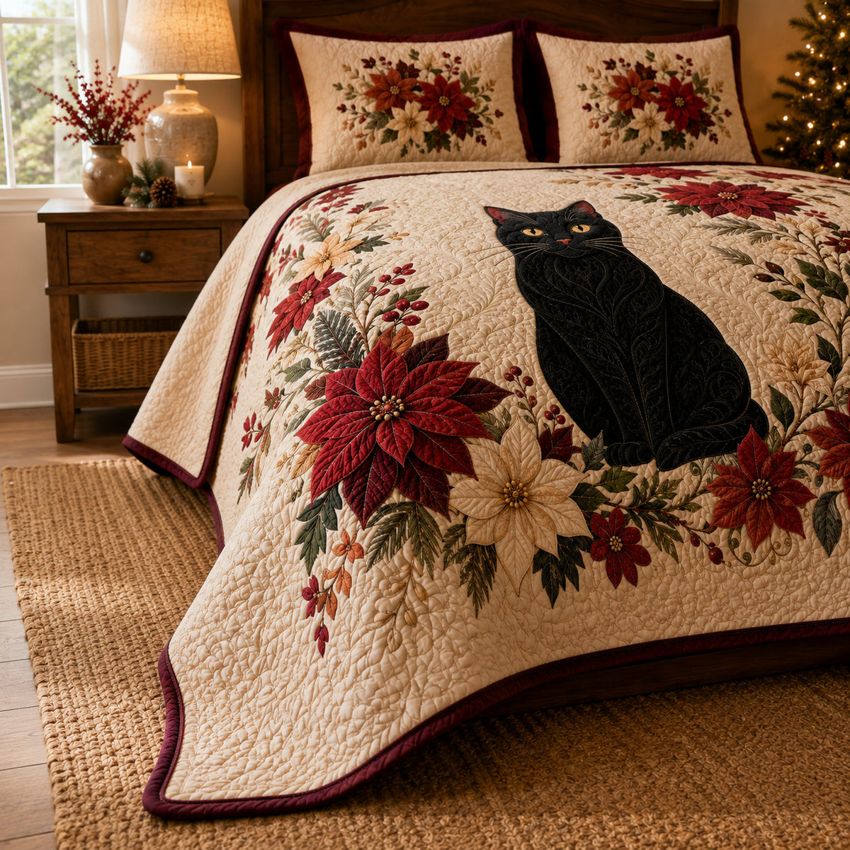 Black Cat Christmas Poinsettia Quilt Set – additional view 2