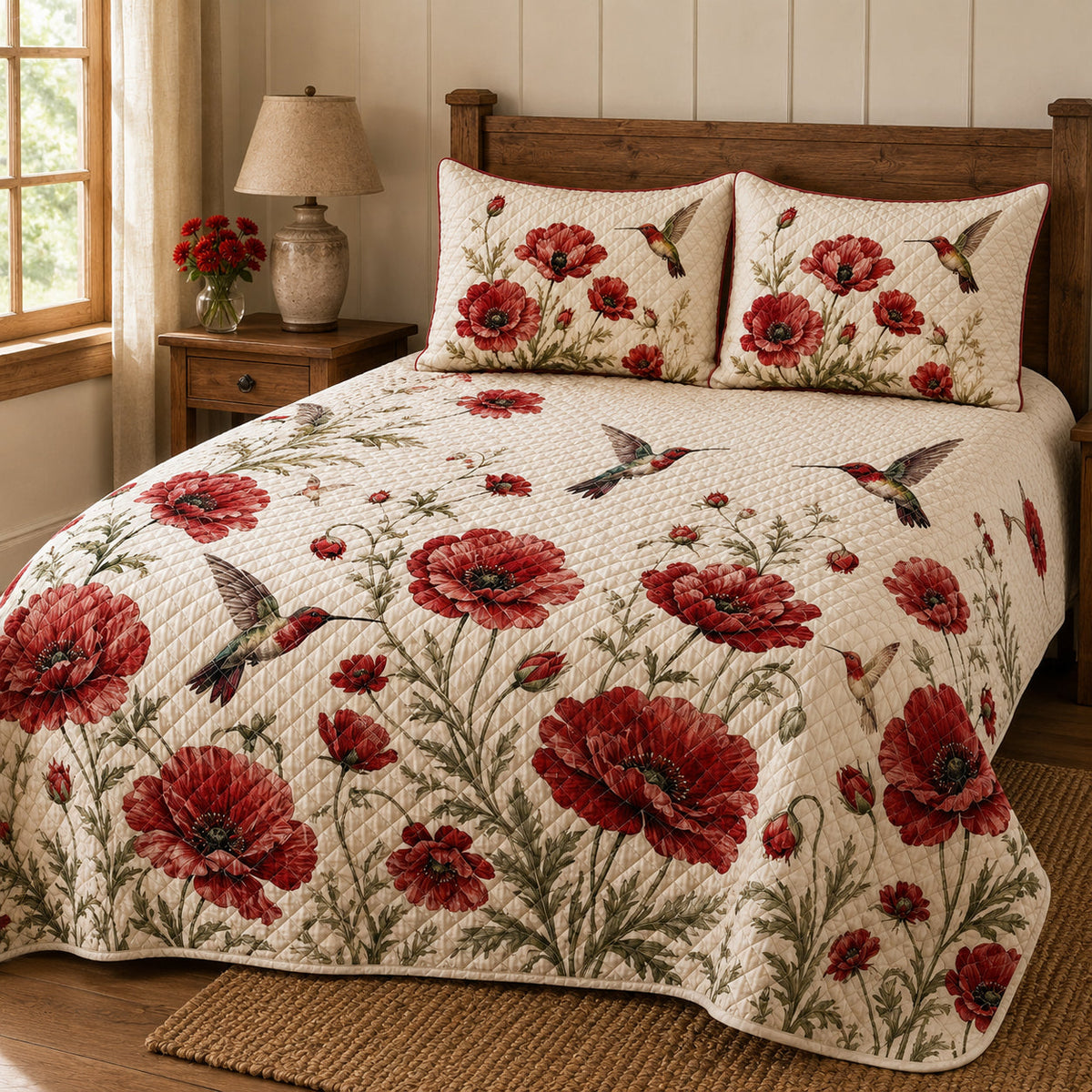 Hummingbird Poppy Floral Quilt Set – additional view 2