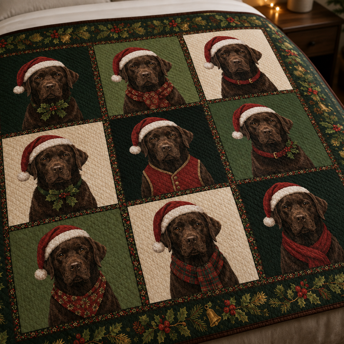 Chocolate Labrador Christmas Quilt Bedding Set, Lab Dog Holiday Bedspread, Christmas Plaid Winter Bedroom Decor