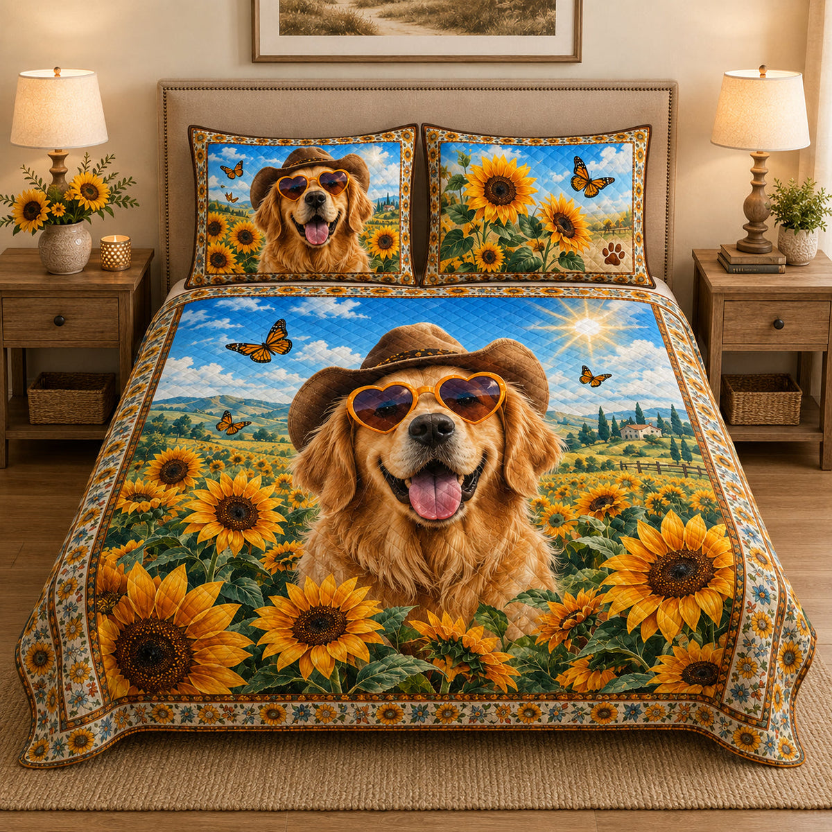 Golden Retriever Sunflower Floral Quilt Set: angled bedroom view showing Golden Retriever Sunflower Floral