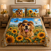 Golden Retriever Sunflower Floral Quilt Set: angled bedroom view showing Golden Retriever Sunflower Floral