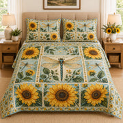 Dragonfly Sunflower Floral Quilt Set: close view of the quilt artwork showing Dragonfly Sunflower Floral