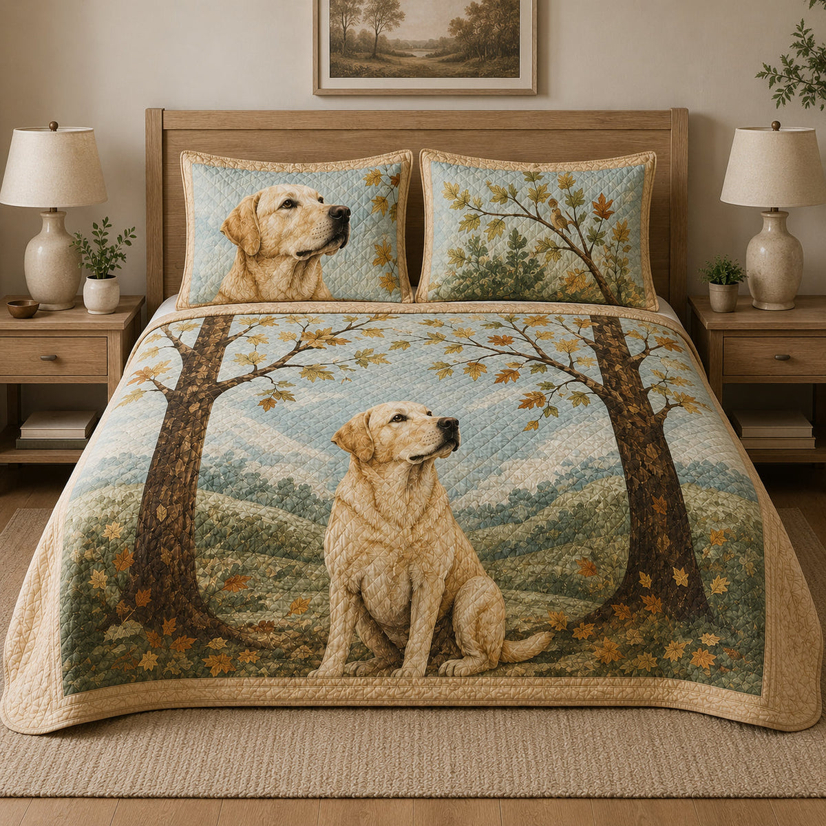 Golden Retriever Mountain Lake Fall Quilt Set: close view of the quilt artwork showing Golden Retriever Mountain Lake Fall