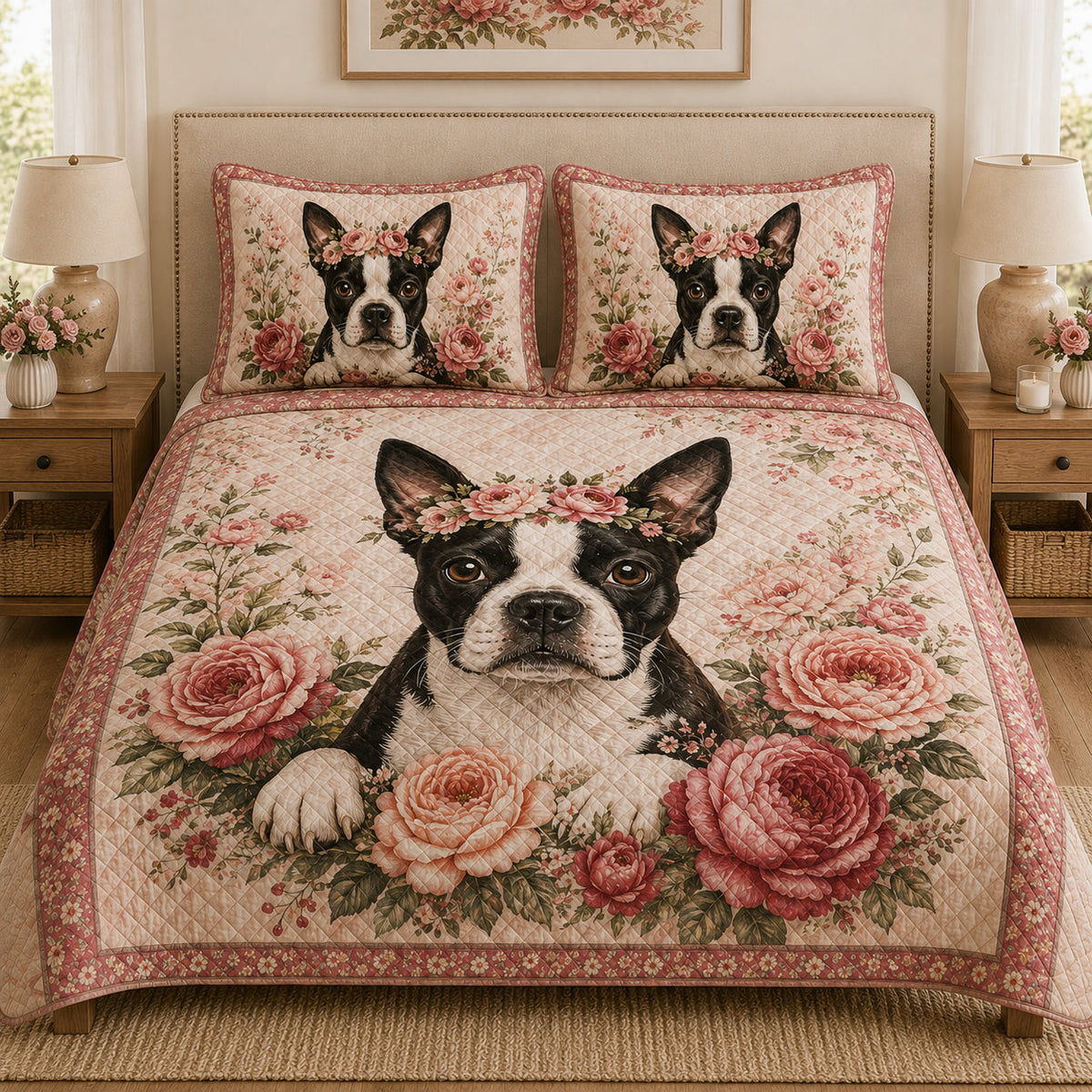 Boston Terrier Rose Floral Quilt Set: angled bedroom view showing Boston Terrier Rose Floral