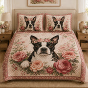 Boston Terrier Rose Floral Quilt Set: angled bedroom view showing Boston Terrier Rose Floral