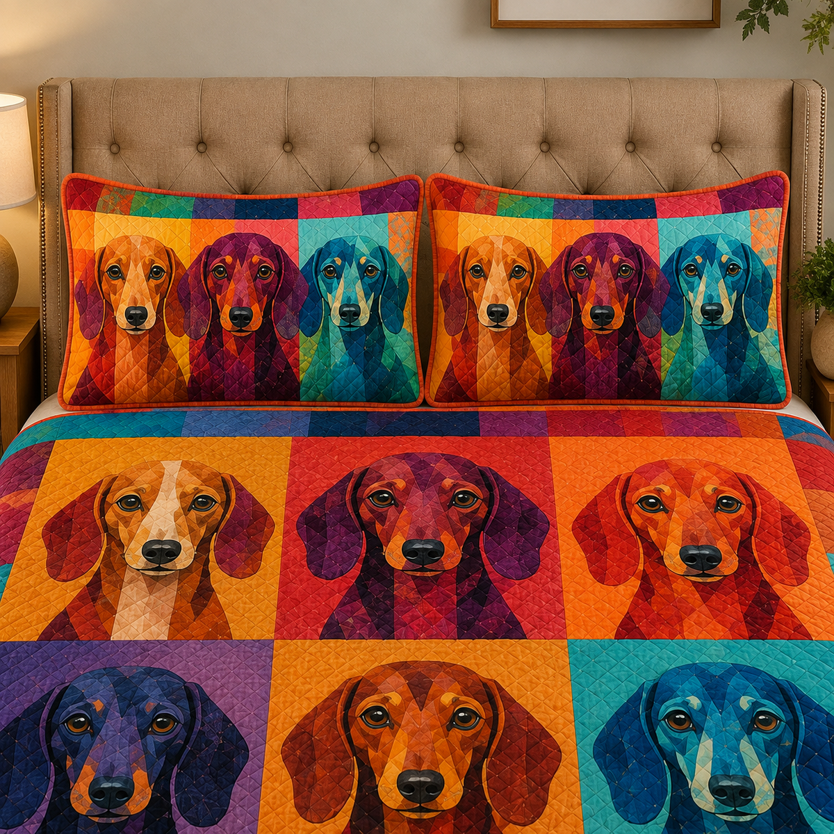 Colorful Dachshund Quilt Set, Modern Dog Art