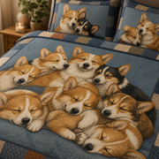 Corgi Quilt Bedding Set, Pembroke Welsh Corgi Dog Bedspread, Cozy Sleeping Puppy Bedroom Decor