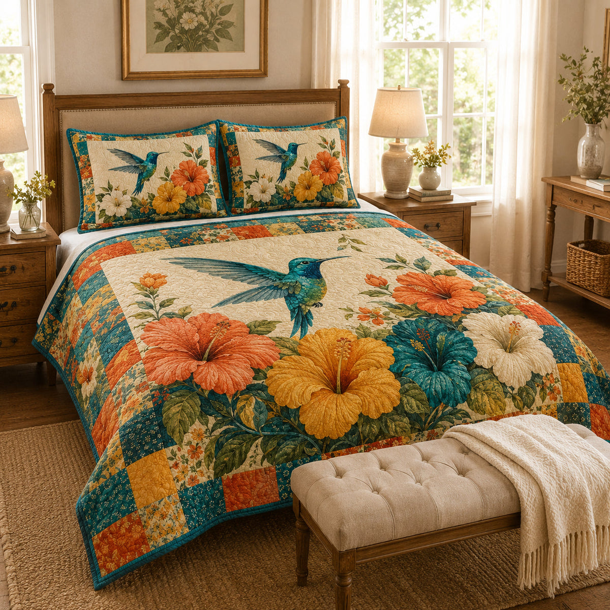Vibrant Hummingbird Hibiscus Patchwork Quilt Set – additional view 2