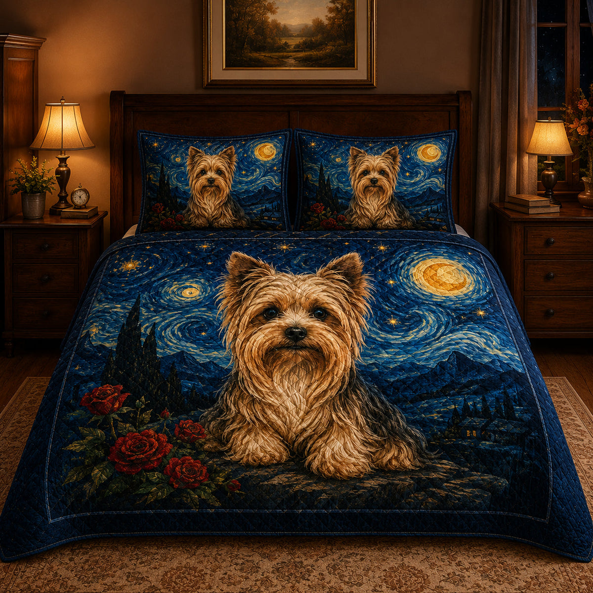 Yorkie Starry Night Quilt Set: close view of the quilt artwork showing Yorkie Starry Night