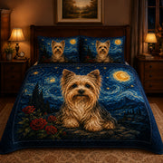 Yorkie Starry Night Quilt Set: close view of the quilt artwork showing Yorkie Starry Night