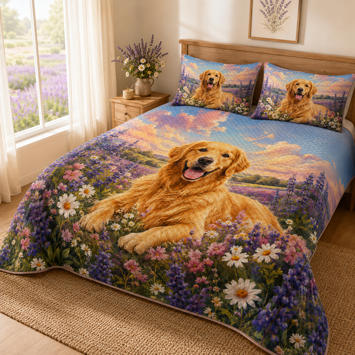 Golden Retriever Floral Quilt Set