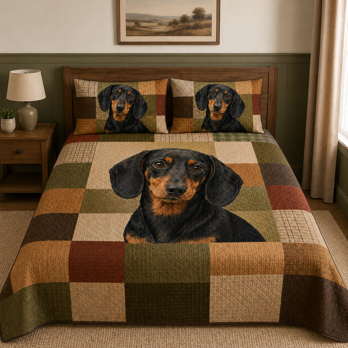 Dachshund Quilt Set, Black Tan Dog Bedspread