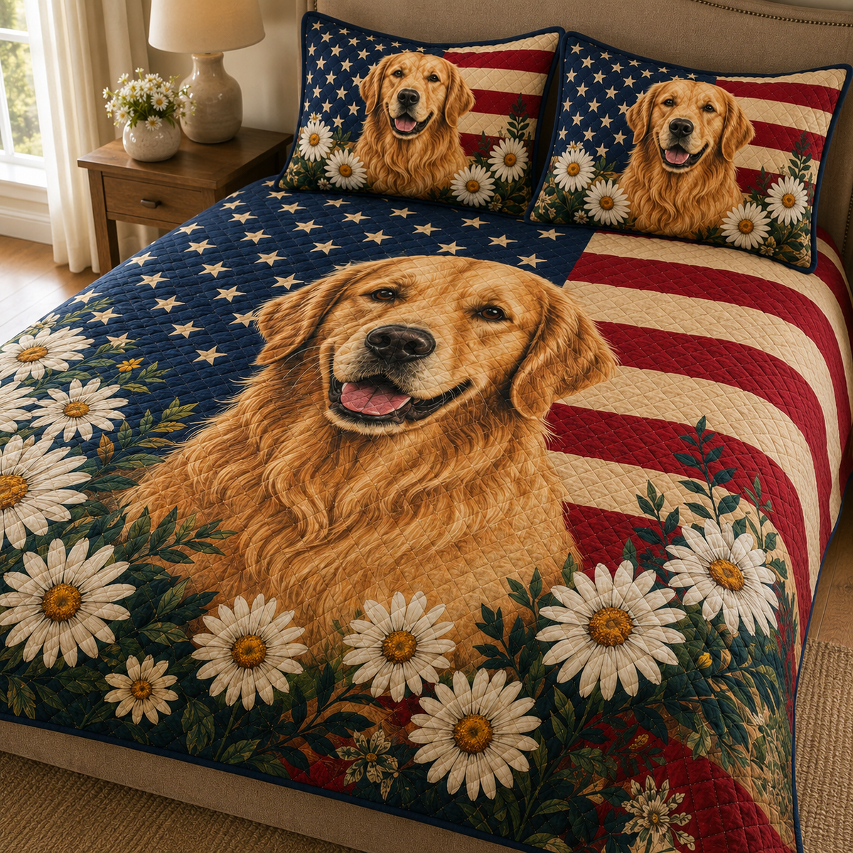 Patriotic Golden Retriever Floral Quilt Set