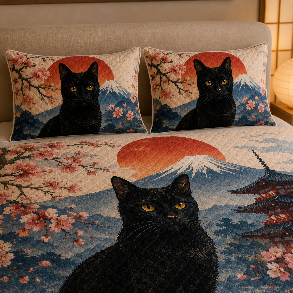 Black Cat Japanese Sakura Mount Fuji Quilt Set – additional view 2