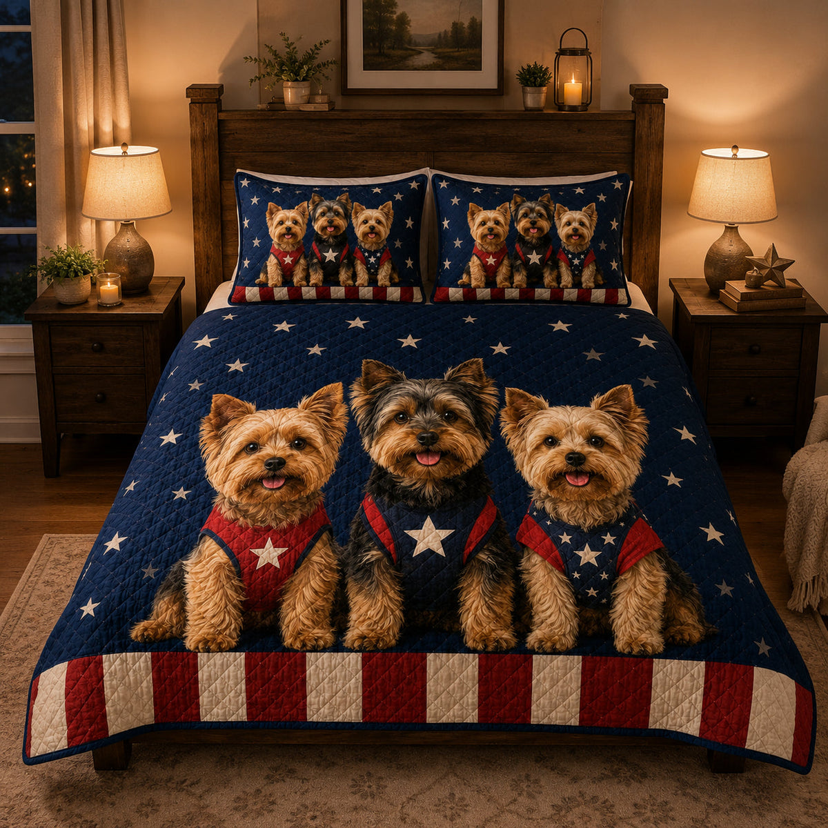 Patriotic Yorkie Quilt Set: close view of the quilt artwork showing Patriotic Yorkie