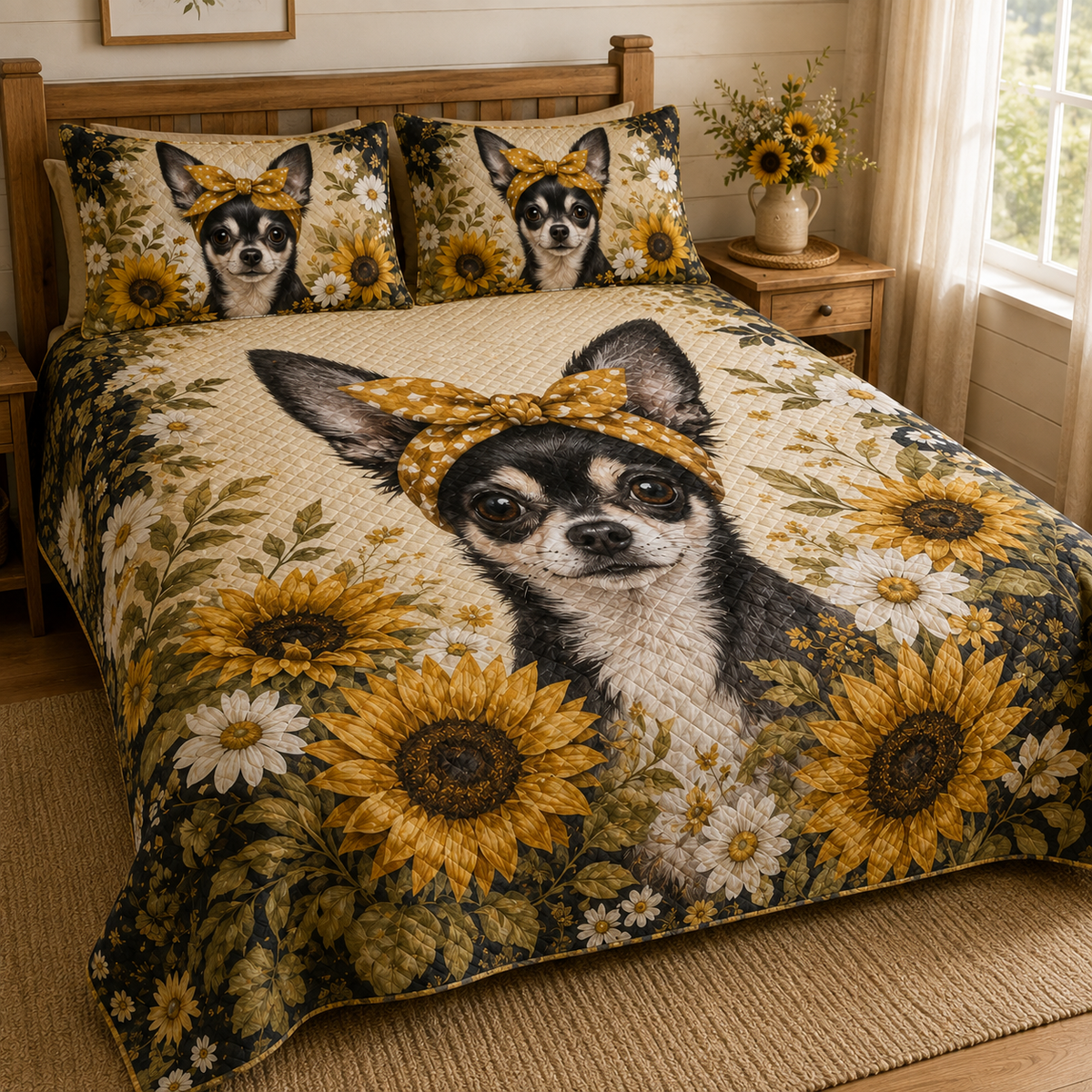 Sunflower Chihuahua Floral Dog Quilt Set