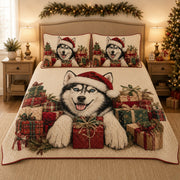Siberian Husky Christmas Gifts Quilt Set: angled bedroom view showing Siberian Husky Christmas Gifts