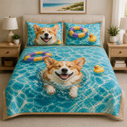 Corgi Summer Pool Quilt Set: angled bedroom view showing Corgi Summer Pool