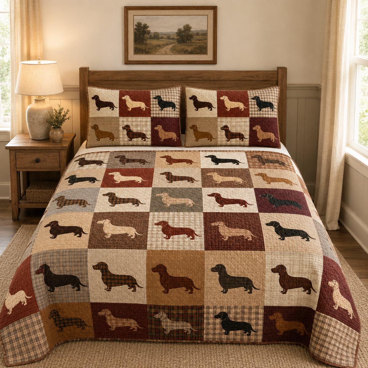 Dachshund Dog Rustic Farmhouse Quilt Set