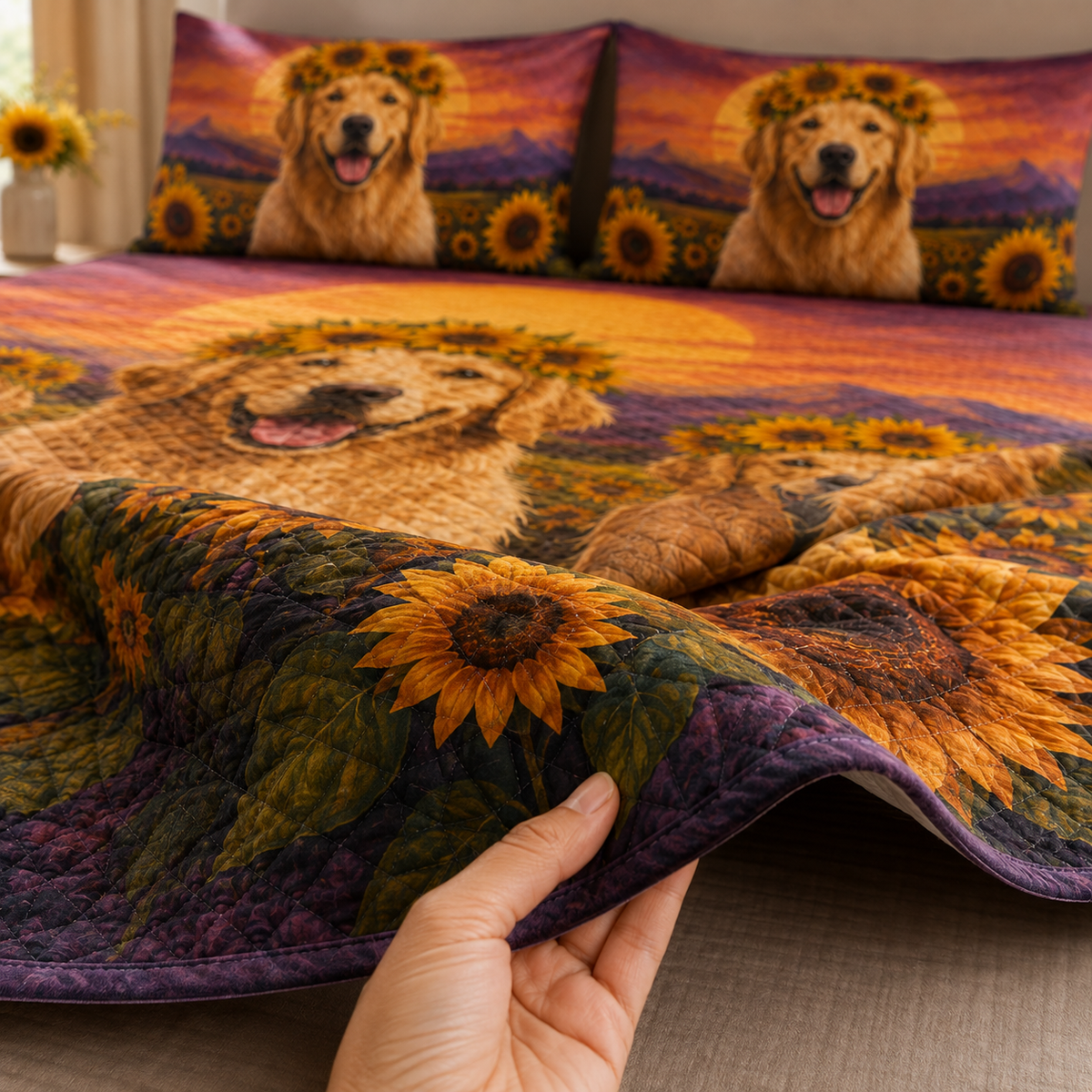 Golden Retriever Sunflower Quilt Set