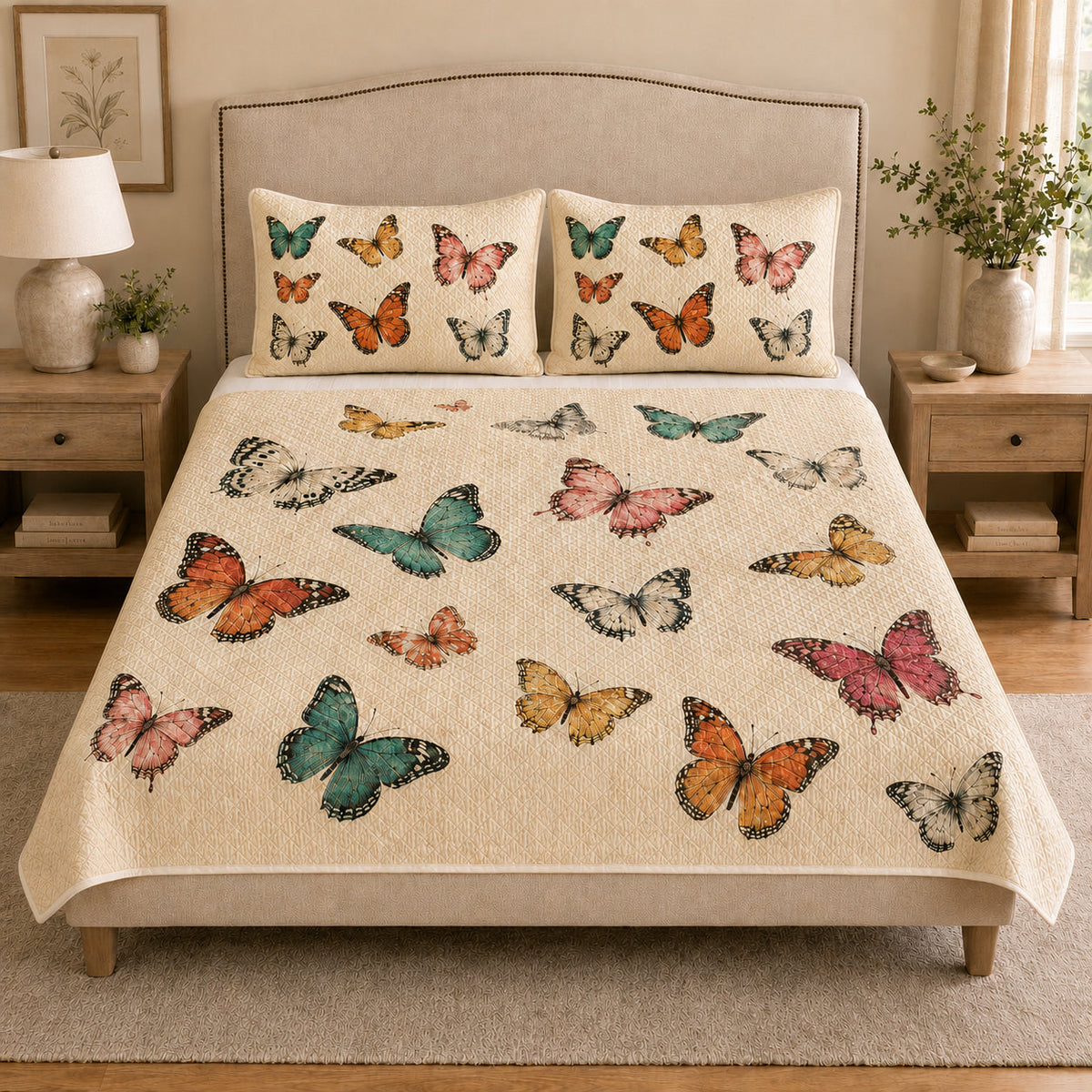 Colorful Butterfly Quilt Set: angled bedroom view showing Colorful Butterfly