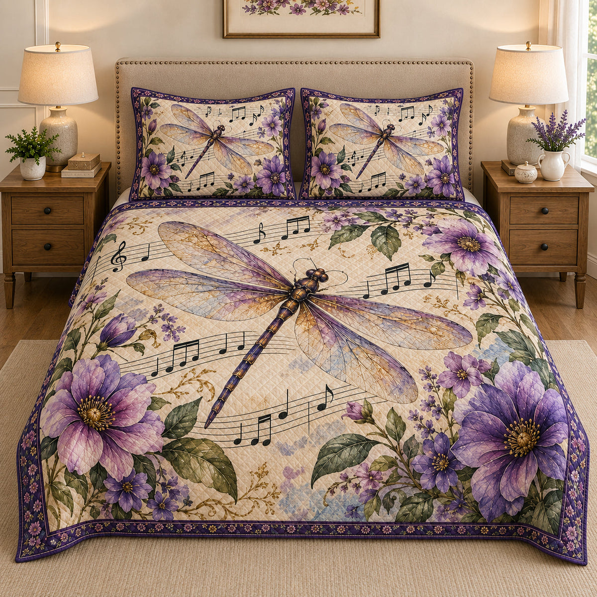 Purple Dragonfly Music Floral Quilt Set: angled bedroom view showing Purple Dragonfly Music Floral