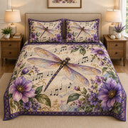 Purple Dragonfly Music Floral Quilt Set: angled bedroom view showing Purple Dragonfly Music Floral