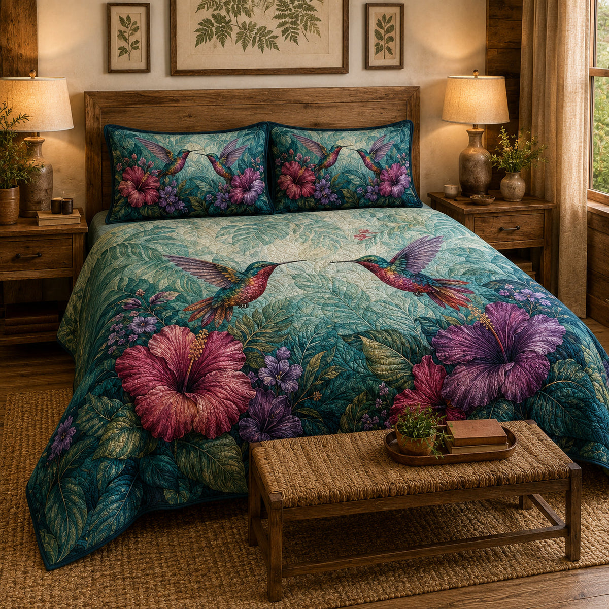 Hummingbird Hibiscus Floral Quilt Set – additional view 2