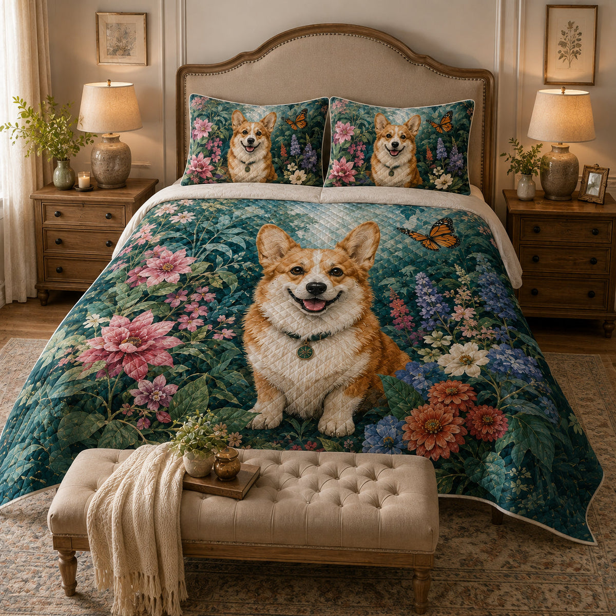 Corgi Butterfly Floral Garden Quilt Set – additional view 2