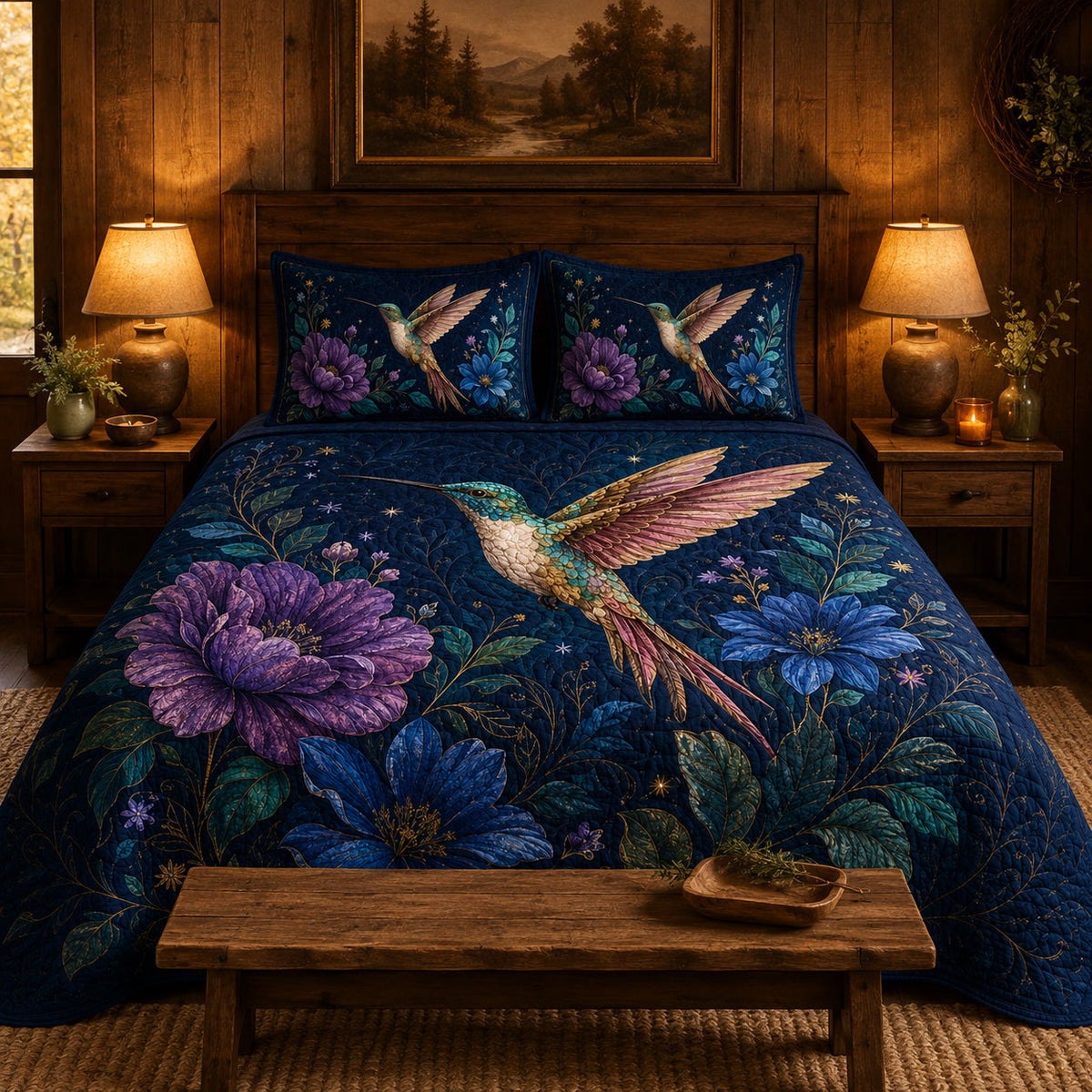 Hummingbird Floral Quilt Set Navy Blue Decor – additional view 2