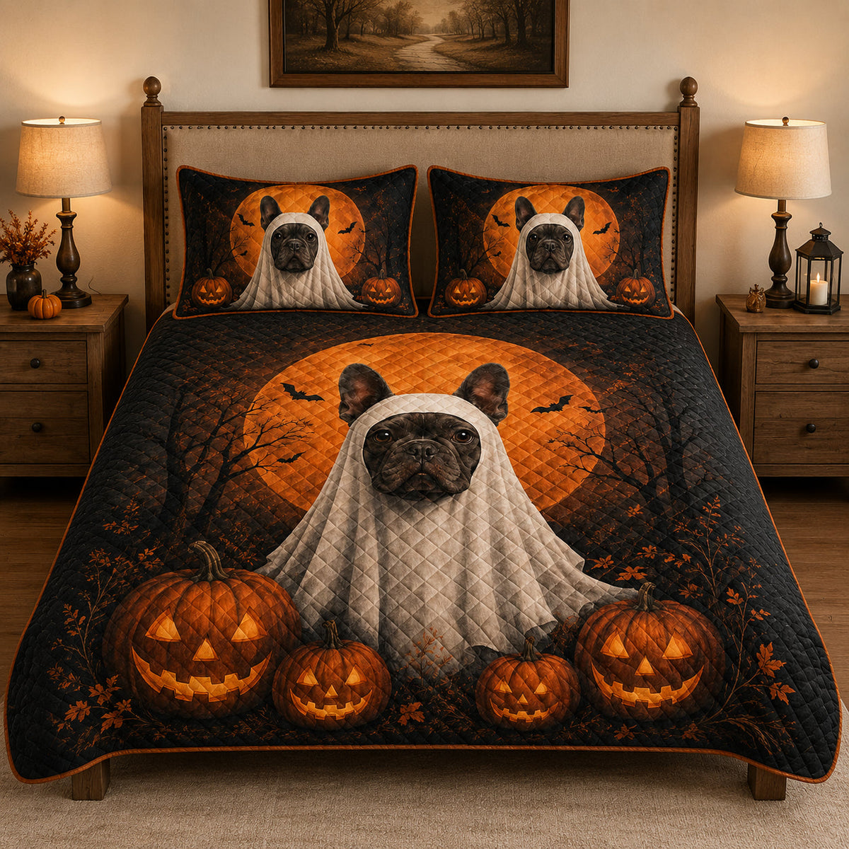 French Bulldog Halloween Ghost Quilt Set: angled bedroom view showing French Bulldog Halloween Ghost