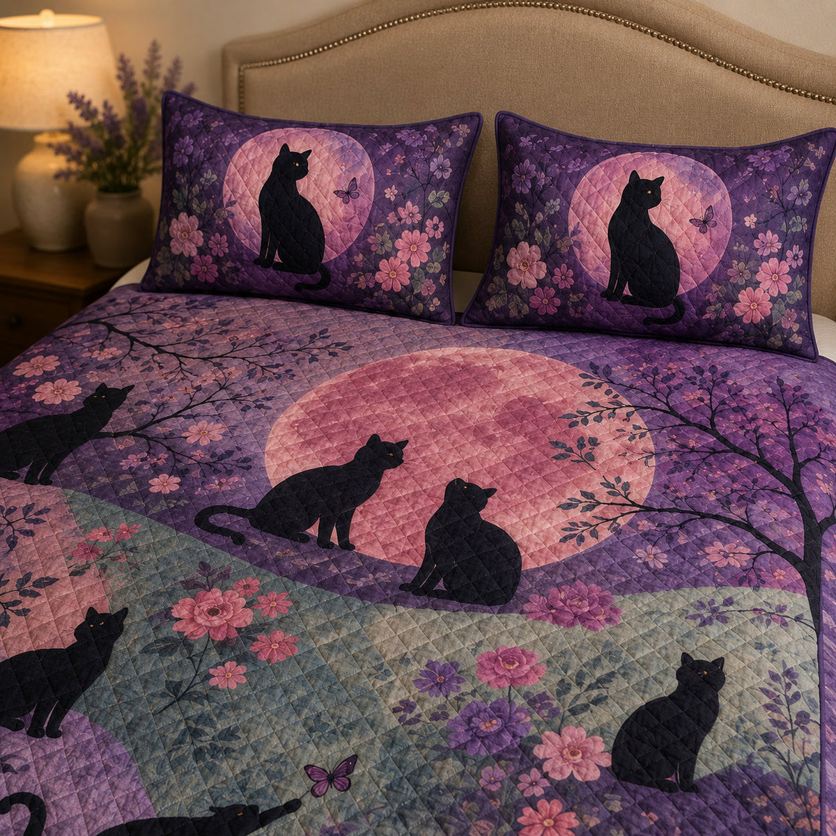 Black Cat Floral Moon Quilt Set – additional view 2