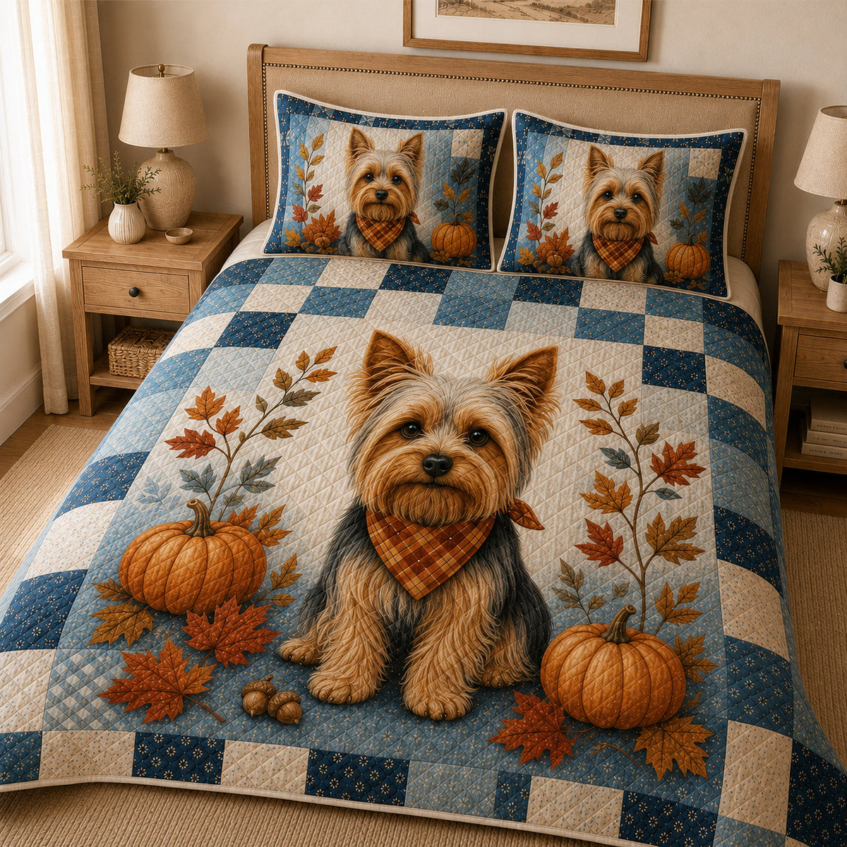 Yorkie Fall Quilt Set: close view of the quilt artwork showing Yorkie Fall