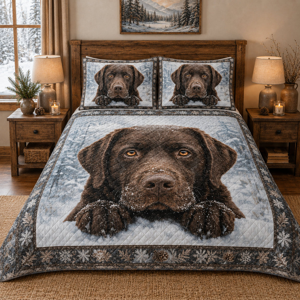 Labrador Winter Snow Quilt Set: angled bedroom view showing Labrador Winter Snow
