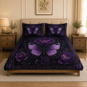 Dark Purple Butterfly Botanical Quilt Set: angled bedroom view showing Dark Purple Butterfly Botanical