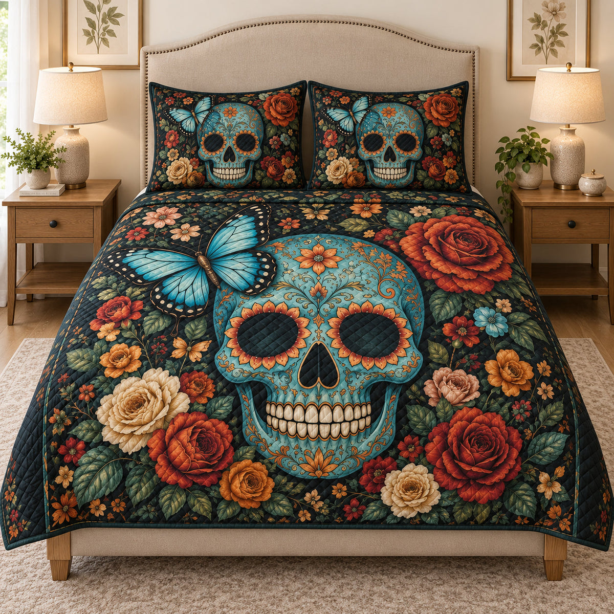 Sugar Skull Butterfly Floral Quilt Set: angled bedroom view showing Sugar Skull Butterfly Floral