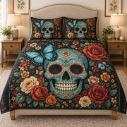 Sugar Skull Butterfly Floral Quilt Set: angled bedroom view showing Sugar Skull Butterfly Floral