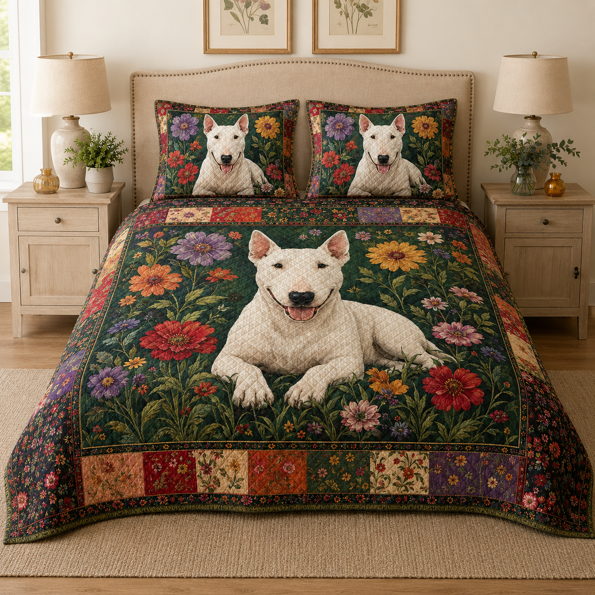 Bull Terrier Quilt Bedding Set, White Dog Floral Bedspread, Colorful Flower Dog Quilt Set with 2 Pillow Shams