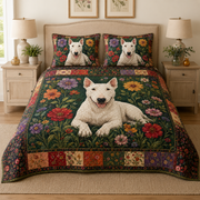 Bull Terrier Quilt Bedding Set, White Dog Floral Bedspread, Colorful Flower Dog Quilt Set with 2 Pillow Shams