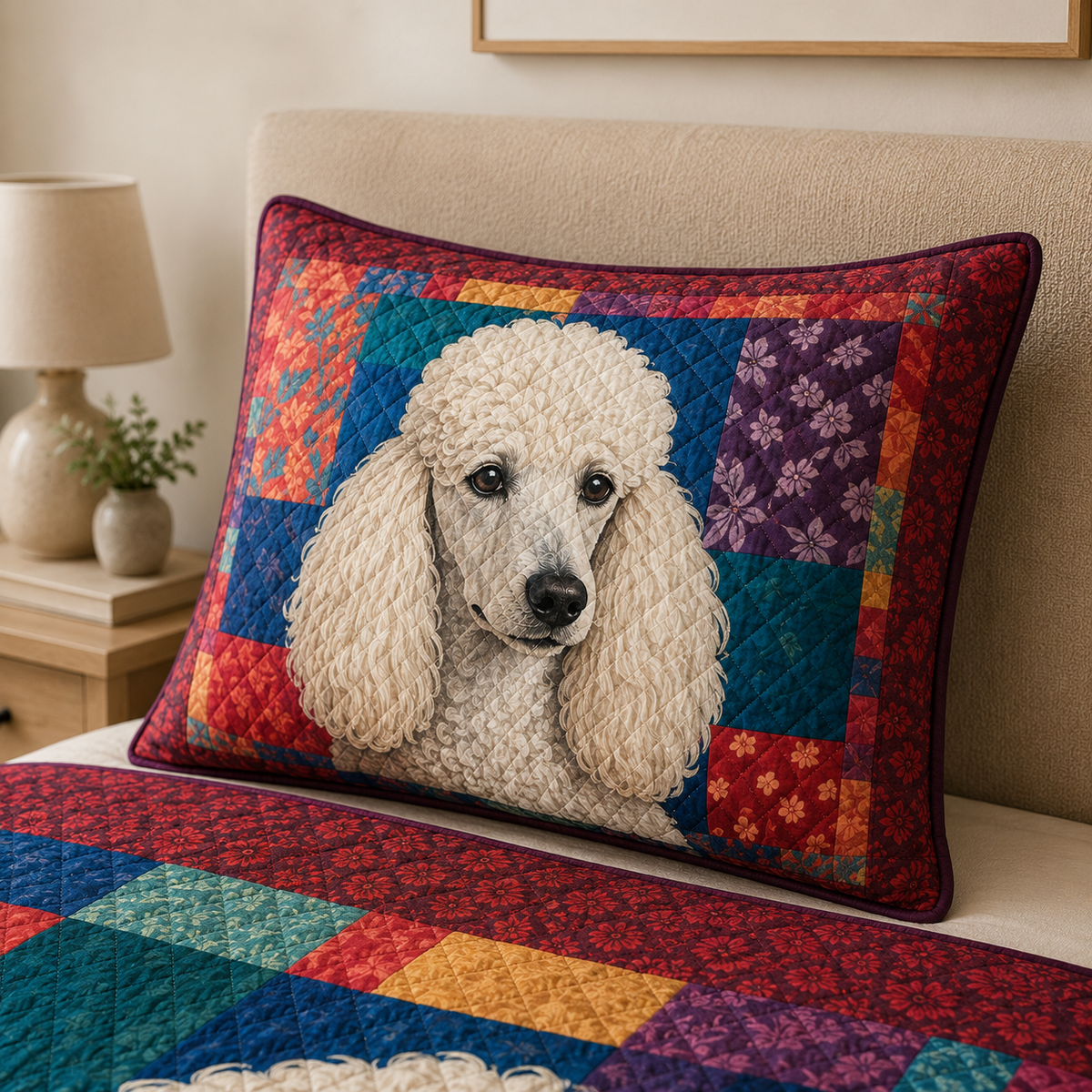 White Poodle Quilt Bedding Set, Colorful Dog Bedspread, Standard Poodle Quilt Set with 2 Pillow Shams