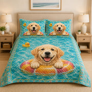 Golden Retriever Summer Pool Quilt Set: angled bedroom view showing Golden Retriever Summer Pool