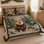 Corgi Christmas Quilt Set: close view of the quilt artwork showing Corgi Christmas