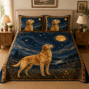 Golden Retriever Moonlight Quilt Set: angled bedroom view showing Golden Retriever Moonlight