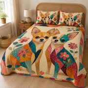 Colorful Chihuahua Couple Floral Quilt Set