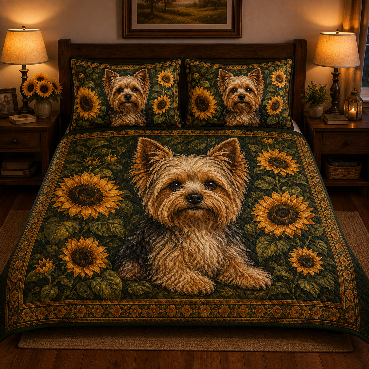 Yorkie Sunflower Quilt Set: close view of the quilt artwork showing Yorkie Sunflower