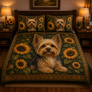 Yorkie Sunflower Quilt Set: close view of the quilt artwork showing Yorkie Sunflower