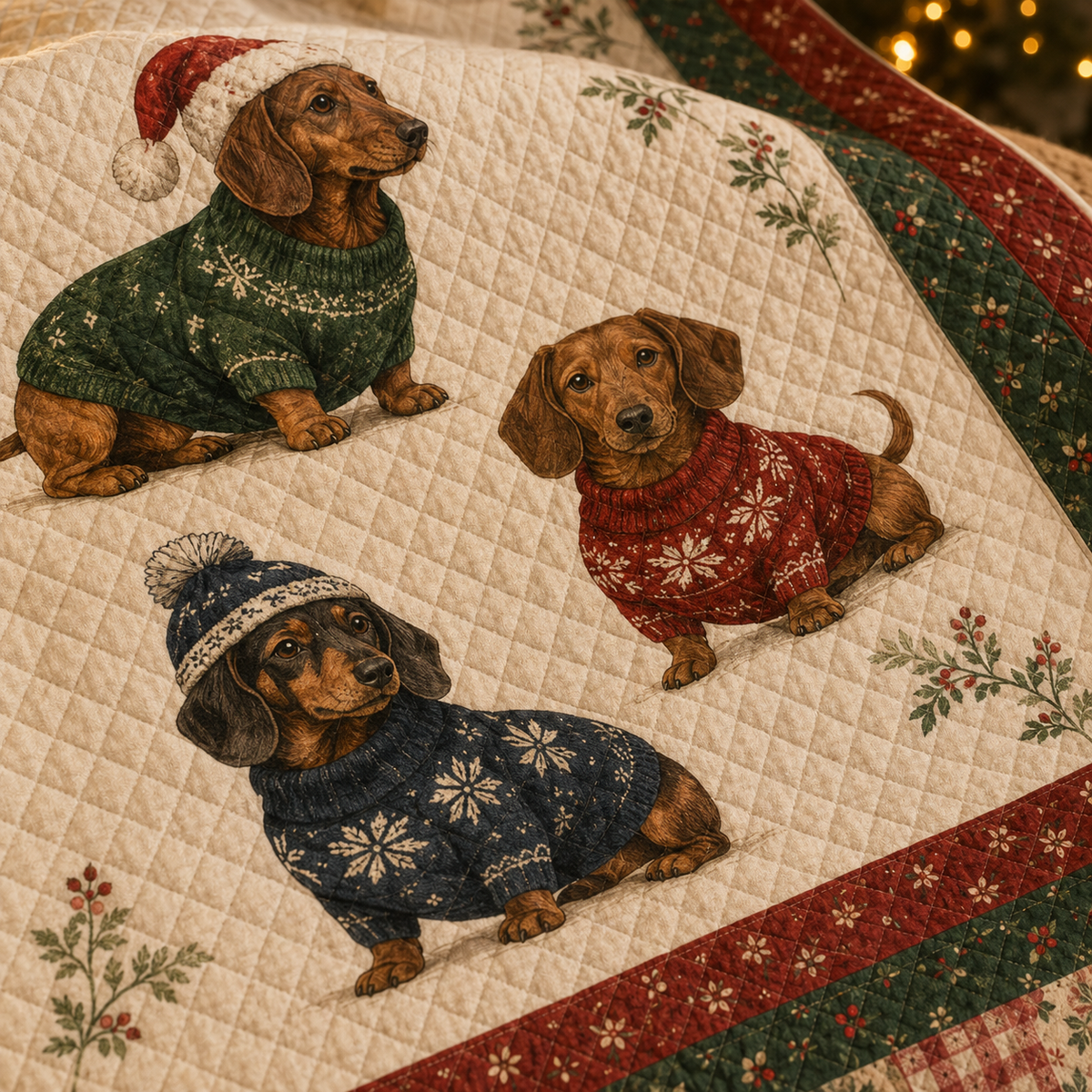 Dachshund Christmas Quilt Set, Festive Sausage Dog