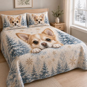 Winter Chihuahua Snowflake Forest Quilt Set