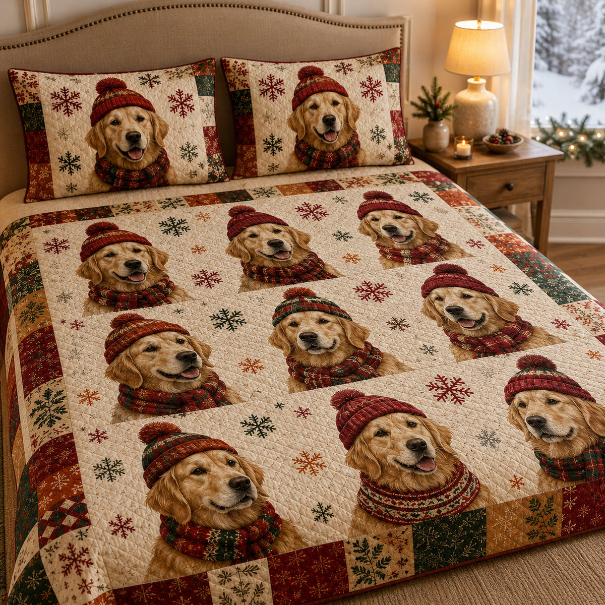Golden Retriever Santa Pattern Christmas Quilt Set – additional view 1