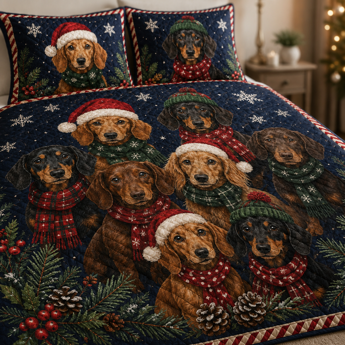 Dachshund Christmas Quilt Bedding Set, Wiener Dog Holiday Bedspread, Christmas Puppy Winter Bedroom Decor